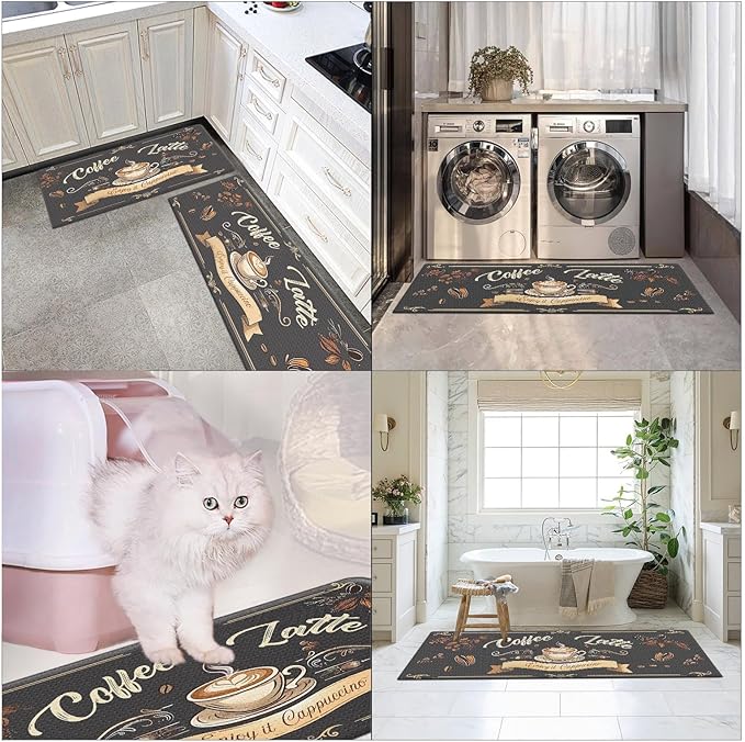 Arttown Coffee Latte Anti-Fatigue Kitchen Rug Set of 2 Brown Black Farmhouse Vintage Cushioned Floor Standing Mat Waterproof Non-Slip Kitchen Mat and PVC Ergonomic Comfort Foam Rug