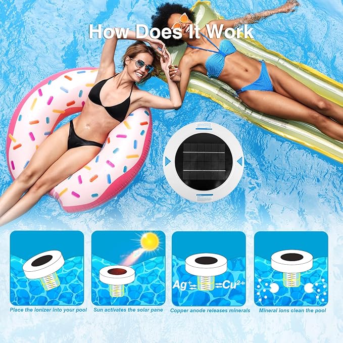 Solar Pool Ionizer – Floating Pool Maintenance Device with Heavy-Duty Copper Anode & Oversized Solar Panel, Supports Crystal Clear Water for Pools Up to 45,000 Gallons