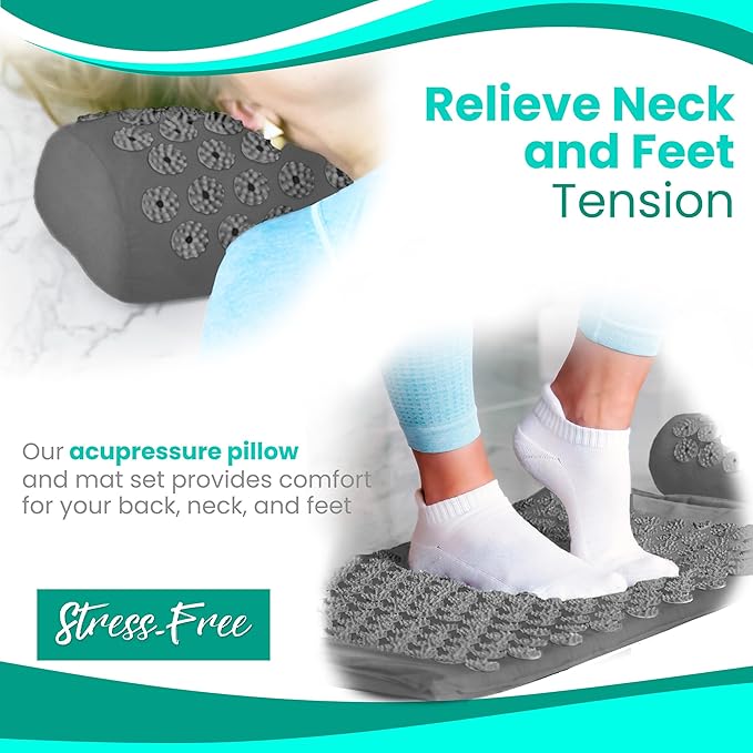 Sivan Health and Fitness Acupressure Mat and Pillow Set - Grounding Mat for Stress, Back & Neck Pain - Acupuncture Point Massage Mat for Muscle Relaxation, Sciatica, & Meditation - Includes Carry Bag