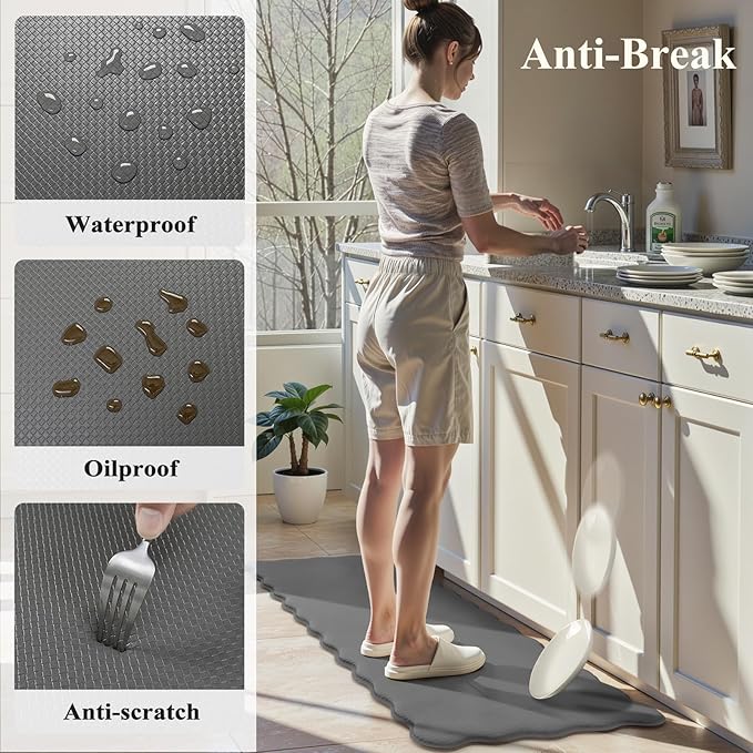 KIMODE Anti Fatigue Kitchen Mats for Kitchen Floor,Scalloped Kitchen Rugs Sets of 2 Non Slip,Cushioned Padded Memory Foam Kitchen Floor Mat Carpet for Office Laundry Sink,Grey