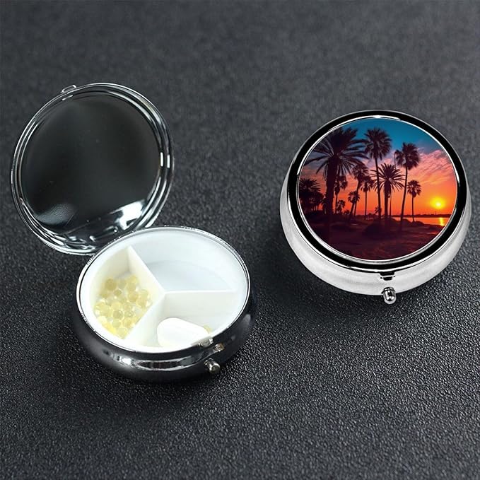 Palm Tree Sunset Pill Case 3 Compartment Pill Box Portable Metal Pill Organizer Cute Travel Pill Container Vitamin Organizer for Purse Pocket Travel Gift