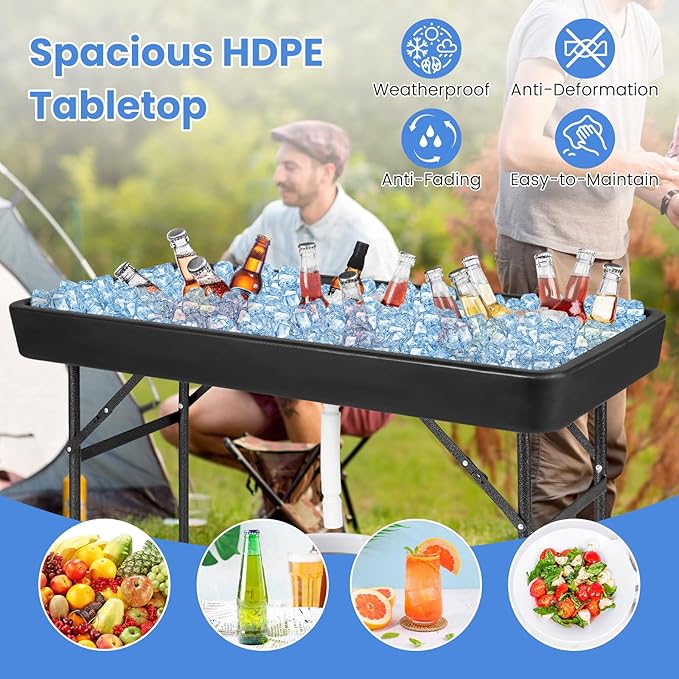 Giantex 4 FT Folding Ice Cooler Table with Drain & Bucket, Removable Skirt, No Assembly, Portable Fill and Chill Table for Food Drink Beverage, Foldable Party Ice Bin for Camping BBQ, Black