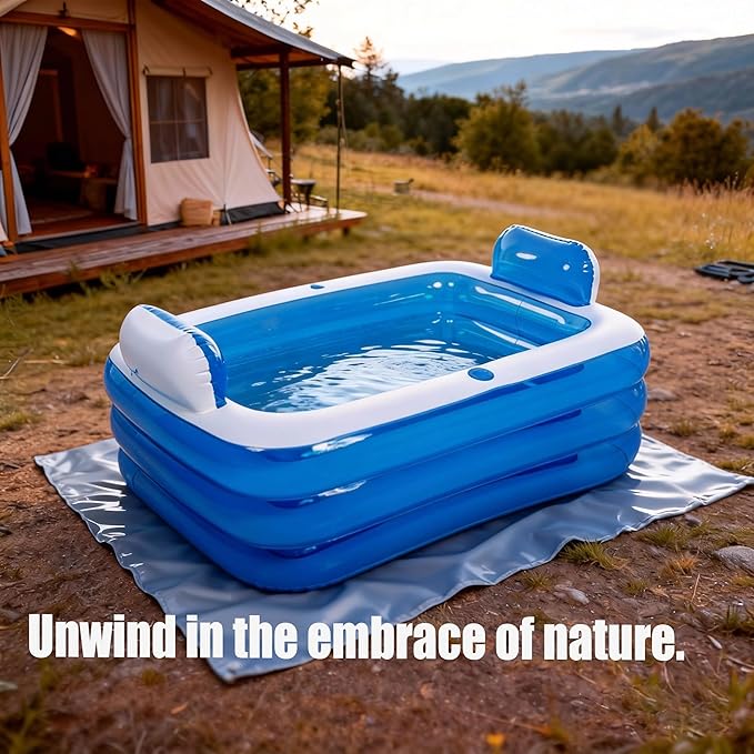 Double Inflatable Bathtub for Adults with Electric Air Pump, Portable 2-Person Spa Tub for Outdoor/Indoor Use, Includes Bath Pillow, Drain & Cup Holder, Foldable Storage, Blue