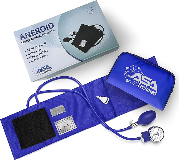 ASA TECHMED Manual Blood Pressure Monitor - Aneroid Sphygmomanometer for Nurses, Universal Standard Blood Pressure Cuff, Nurse Essentials with High-Molecular Velcro Nylon Arm Cuff (Royal Blue)