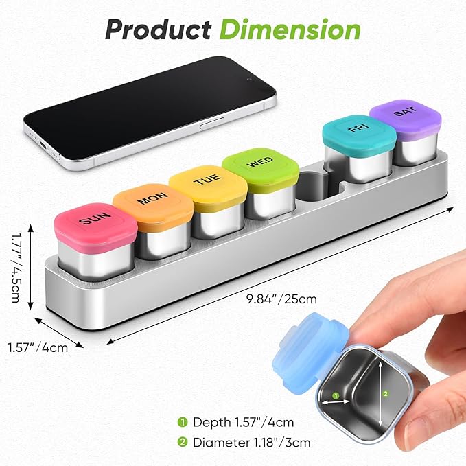 Square Metal Pill Case 7 Day, Stainless Steel Medicine Box Organizer for Travel, Waterproof Tablet Container, Portable Daliy Pill Holder for Vitamins Fish Oils