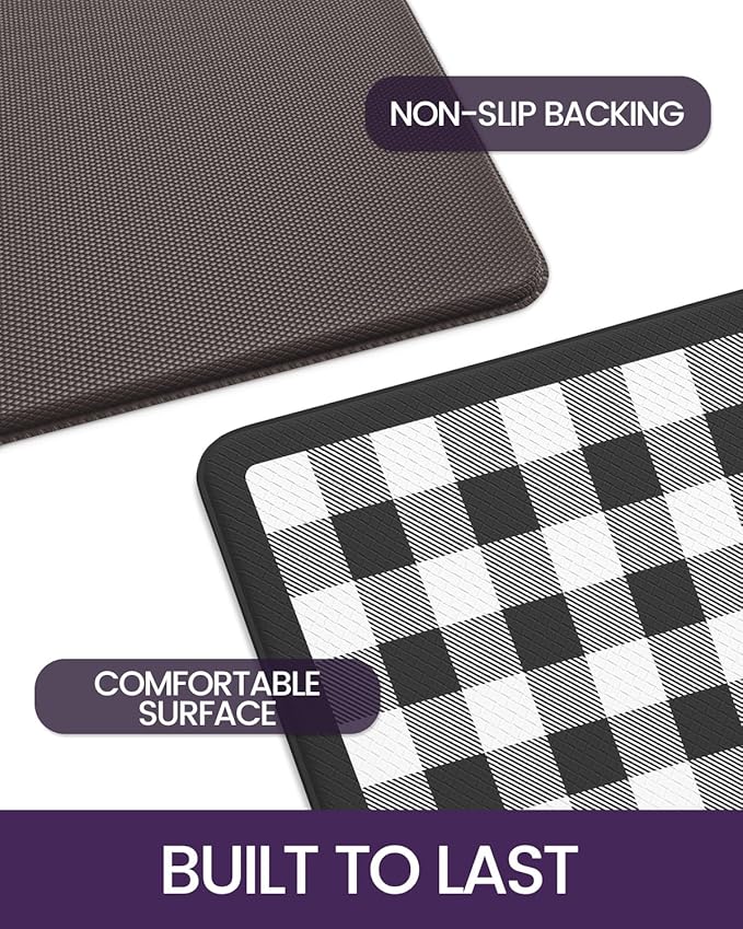 DEXI Kitchen Floor Mats Anti Fatigue, 20x29+20x59 Large Wide Cushioned Runner Rug Memory Foam, Waterproof Comfort Standing Padded Non Skid for Home Office Sink Laundry, Black and White Buffalo Plaid