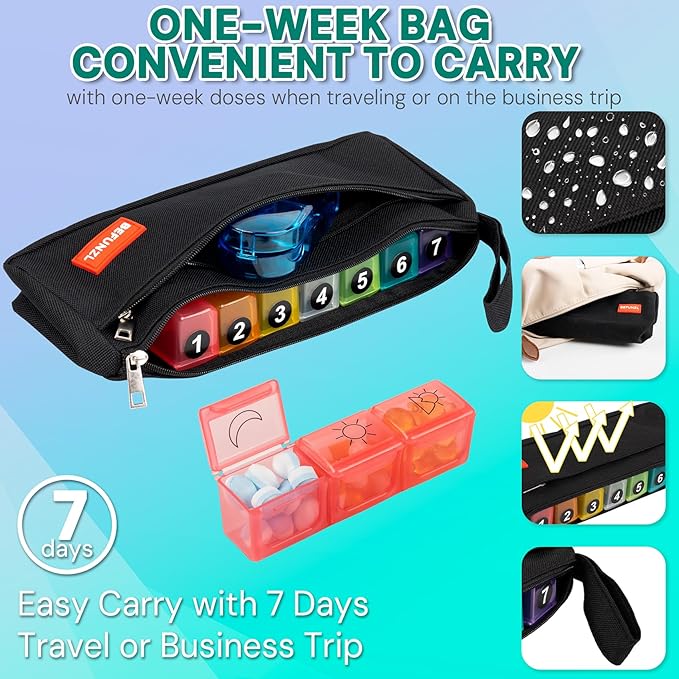 Monthly Pill Organizer, Medicine Organizer Box with Portable Hard Shell and Pill Cutter, 31 Day Pill Holder with Weekly Pill Bag (Blue, 3 Times a Day)