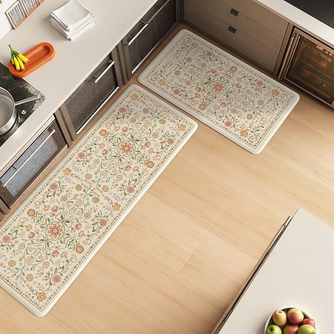KIMODE Anti Fatigue Mats for Kitchen Floor Non Slip,Farmhouse Boho Floral Standing Kitchen Rugs Sets of 2,Comfort Cushioned Padded Ergonomic Carpet for Laundry Sink Office,Beige