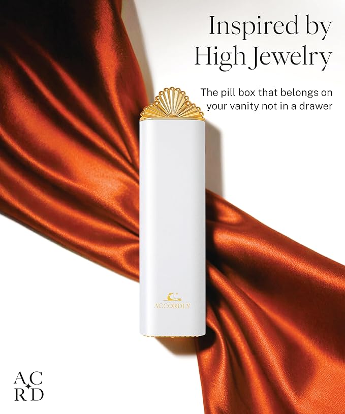 7 Day Metal Pill Organizer, Luxury Pill Compact, Travel Pill Case for Purse, Elegant Fancy Gold Pill Case for Vitamins, Medicine, Supplements, Luxury Wellness Gift - White