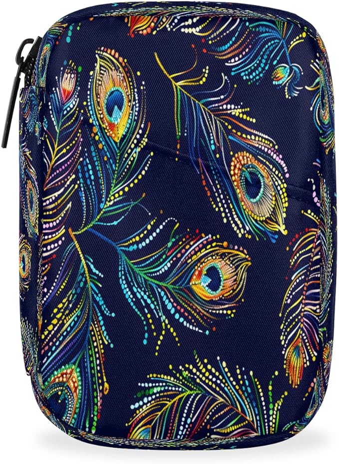 Color Peacock Feather Travel Pill Organizer Box Weekly Portable Pill Case Daily Pills 7 Day Small Birth Control Pills Container Removable Compartments for Medicine Vitamins Fish Oil