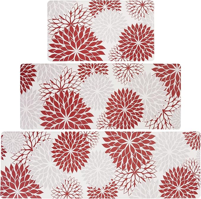 PVC Anti-Fatigue Kitchen Mats Set of 3, Non-Slip Kitchen Rugs, Comfort Standing Runner Rug, Multipurpose Indoor Mats for Laundry, Office, Bedroom, Sink, Bathroom, red