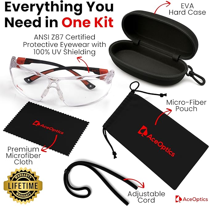 Safety Glasses – ANSI Z87 Certified, 5X Anti-Fog ClearShield™ Lenses with Premium Hard Case & Accessory Bundle