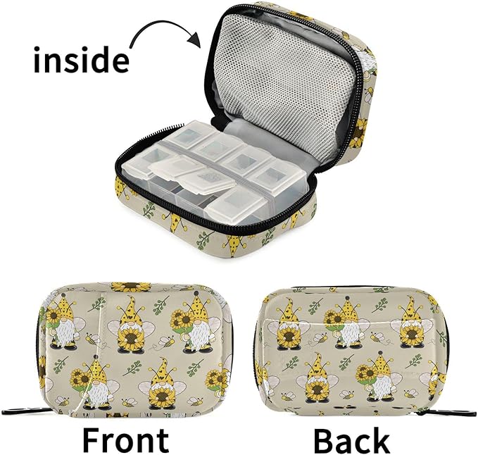 Gnome Bees Pill Box 7 Day Pill Case Travel Pill Organizer Bag with Zipper Portable Weekly Vitamin Medicine Supplement Holder Pouch Bag