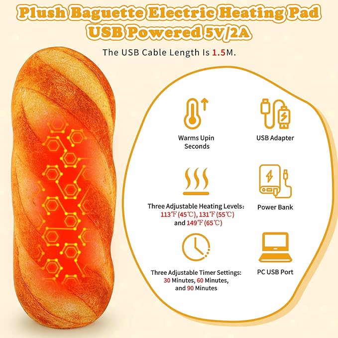 Baguette Bread Heating Pad-USB Heated Plush Stuffed Pillow for Period Cramps and Menstrual Pain Relief,20” Portable Electric Bread Plush Heat Pad,Plushies Gifts for Girls Birthday
