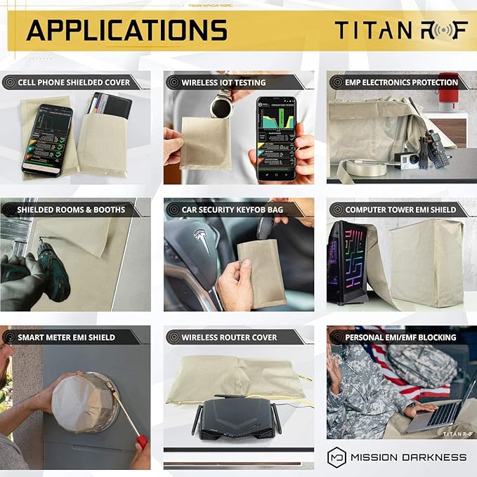 Mission Darkness TitanRF Faraday Fabric Pro Construction Kit 20 Yards // 44" W x 60'L Fabric + 20'L Tape Military Grade Conductive Material Blocks RF Signals, WiFi, Cell, Bluetooth, RFID, EMF