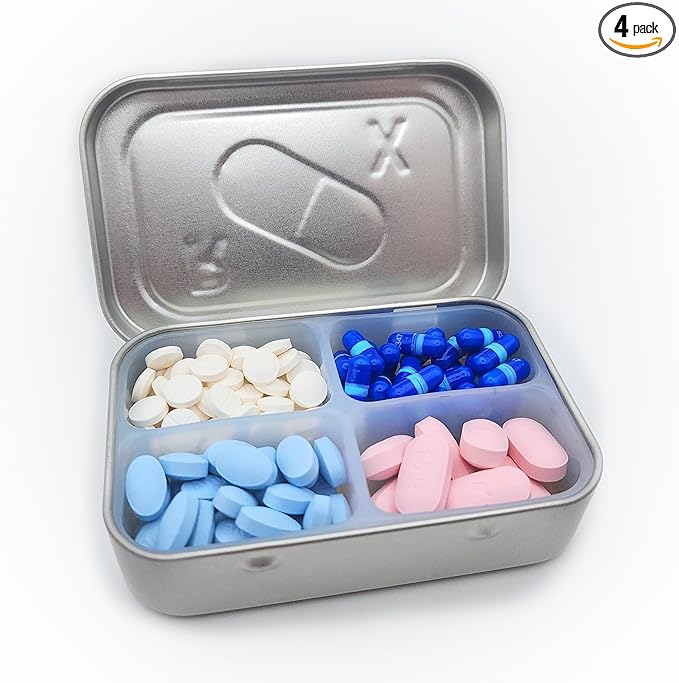Generic Travel Pill Tin - Quality Portable Medication Storage Solution Embossed Tin Design with Silicone Divider Insert (4 Compartments)