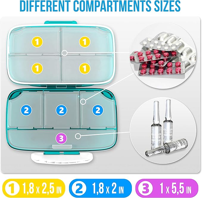 Pill Organizer Airtight Pill Box Large Pill Dispenser Home Travel Supplement Holder Portable Vitamin Sorter Jumbo Size 8 Compartment Airtight Vitamin Container Daily Medicine Travel Essentials