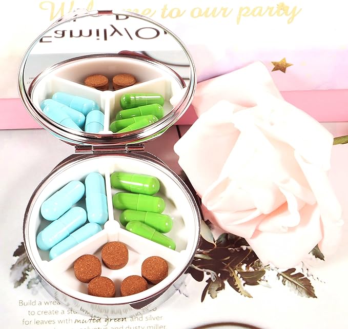 2pcs Pill Box,3 Compartment Small Pill Case for Pocket & Purse, Travel Metal Pill Organizer,Pill Container and Medicine Vitamin Organizer