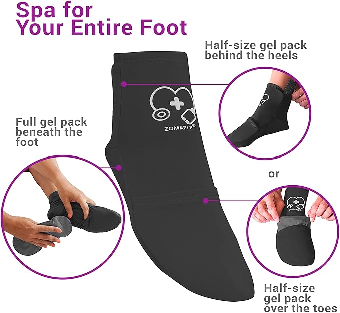 ZOMAPLE Cold Therapy Socks + Gel Packs, Black, Large – Soothe Burning Feet & Reduce Swelling – Hot or Cold Use, Touch Fasteners & Comes with 2 Large & 2 Small Gel Packs – Versatile Foot Ice Pack Wrap