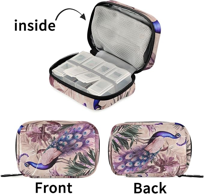 Pink Peacock Tropical Leaf Travel Pill Organizer Case Box Container Weekly Portable Vitamin Medicine Holder Storage Bag with Zipper Removable
