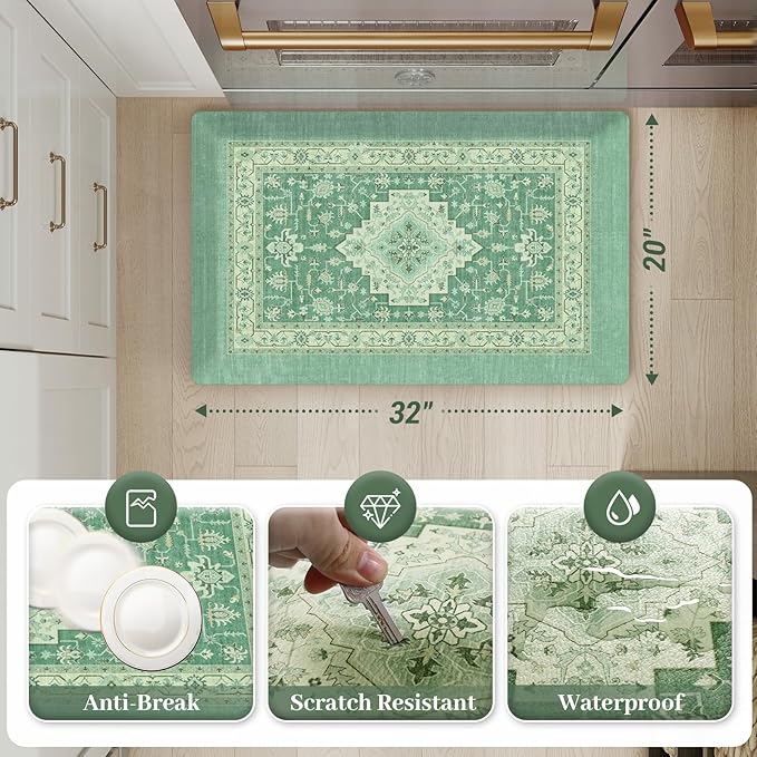 KIMODE Kitchen Mats for Floor Anti Fatigue 0.6" Thick, Cushioned Kitchen Floor Mat, Ergonomic Waterproof Standing Mat, Green Boho Vintage Kitchen Rug Non Skid for Sink Laundry Office Desk 20"x32"