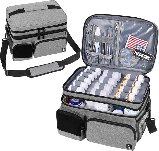 Double Layers Medicine Bag with Insulated Compartment Pill Bottle Organizer with Lockable Zipper,Travel Medicine Organizer with Soft Shoulder Straps for Pill Bottles, Medical Supplies