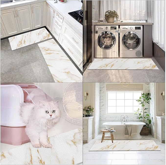 Arttown Marble Anti-Fatigue Kitchen Rug Set of 2 White Golden Gold Modern Cushioned Floor Mat, Standing Waterproof Non-Slip Kitchen Mat and PVC Ergonomic Comfort Foam Rug
