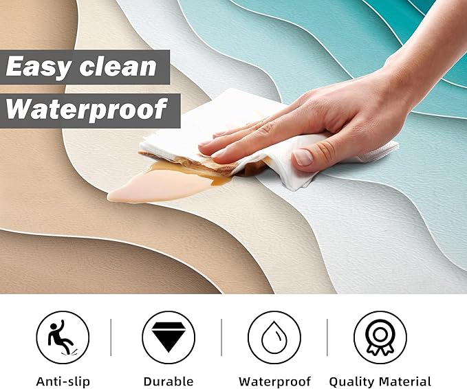 Kitchen Mats for Floor Anti Fatigue Floor Blue Cushioned Memory Foam Non Slip PVC Leather Padded Comfort Standing Rugs Set of 2, 17.3x28+17.3x47 Inch, 0.4 Inch Thick