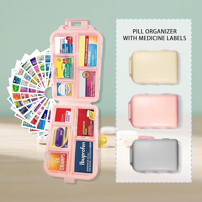 Pill Organizer with Medicine Labels 146 Labels Travel Daily Pill Container Mini Medication Organizer Storage Travel Essentials Pill Case 7 Day Pill Organizer (Blue+Pink+Purple, 3 Packs)