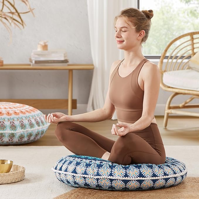 Codi Meditation Floor Pillow Set of 2, Round Large Pillows Seating for Adults, Bohemian Mandala Circle Cushion for Outdoor Fireplace Yoga Living Room, 32 Inch, Memory Foam Added, Navy