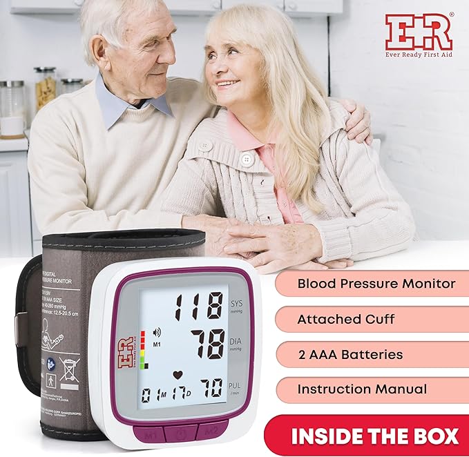 Ever Ready First Aid Fully Automatic Blood Pressure Wrist Cuff Watch Wearable Monitor for Home Use - Purple - Batteries Included