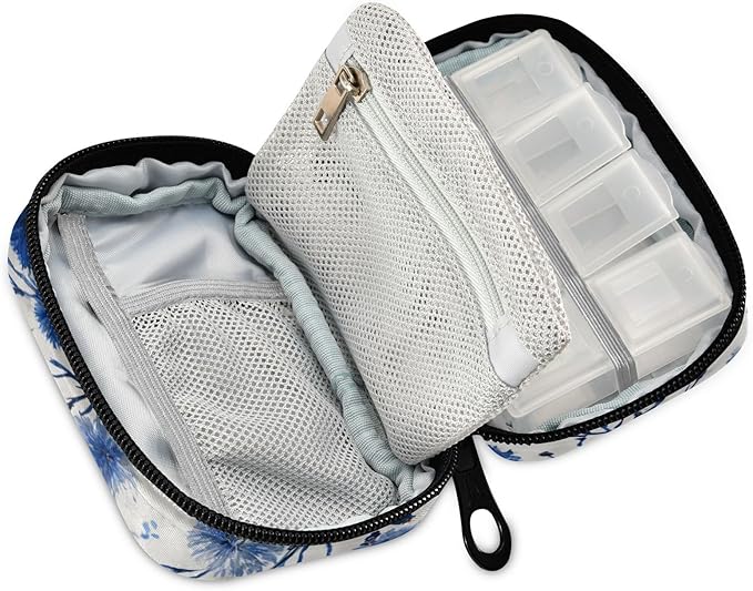 Chinoiserie Cornflowers Blue Travel Pill Organizer Case Box Container Weekly Portable Vitamin Medicine Holder Storage Bag with Zipper Removable