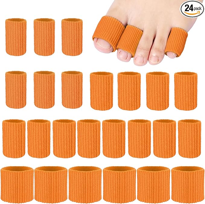 Blulu 24 Pieces Toe Tubes 0.98 Inches Cushion Tube Corn Pads for Toes Sleeves Soft Gel Protectors for Cushions Corns Blisters Calluses 3 Size(Orange,Assorted Sizes)
