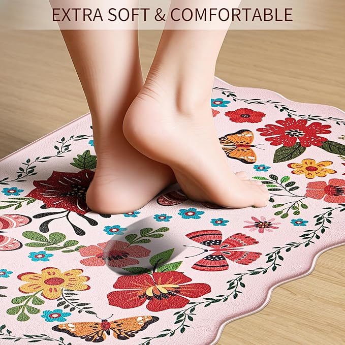 UKISS Kitchen Rugs, 2PCS Waterproof Kitchen Mats, Cushioned Anti Fatigue Kitchen Mat, Non-Slip Boho Comfort Mat for Kitchen, Floor Home, Sink, Laundry,17.3"x28"+17.3"x47", White &Pink (Pink)