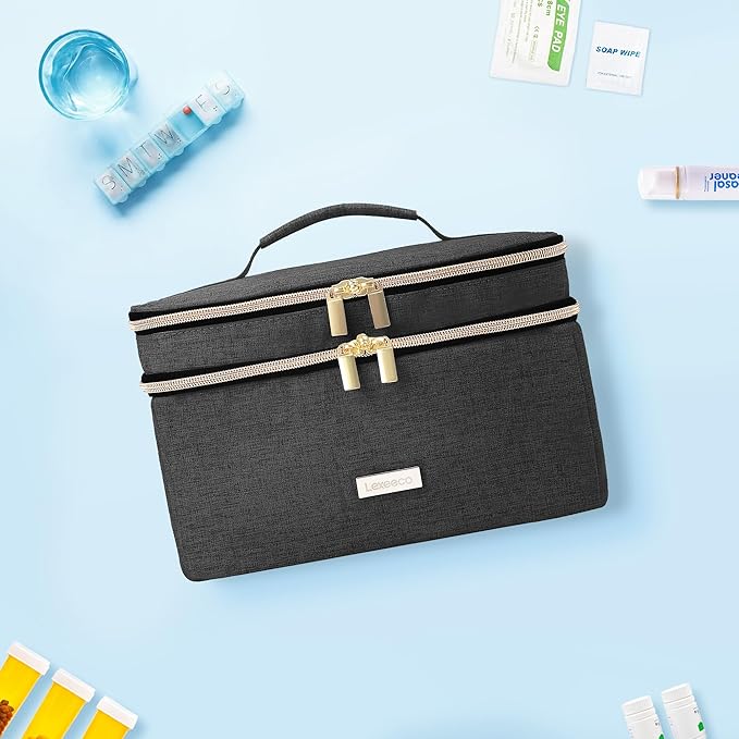 Medicine Storage Bag Pill Bottle Organizer with Portable Small Pouch Travel Medication Bottle Organizer for Emergency Home First Aid Box Kit (Black)