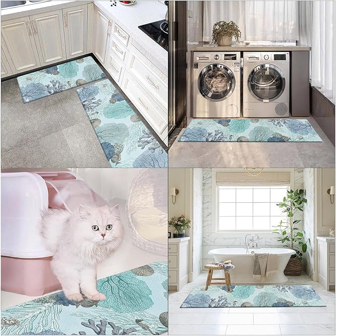 Arttown Blue Sea Shell Anti-Fatigue Kitchen Rug Set of 2 Fish Ocean Tropical Coral Vintage Cushioned Floor Standing Mat Waterproof Non-Slip Kitchen Mat and PVC Ergonomic Comfort Foam Rug