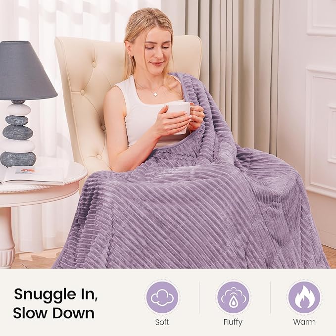 Sherpa Fleece Adult Weighted Blanket 20lbs with Ribbed Stripes, Dual Sided Fuzzy Warm Blanket for Couch Bed Sofa, Heavy Thick Blankets with Glass Beads Great for Sleep, Light Purple, 60" x 80"