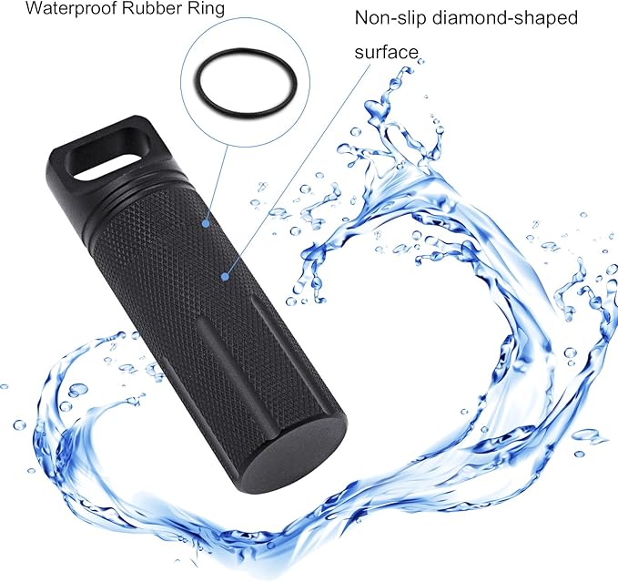 SHD Outdoor EDC Pill Box Container,Black Aluminum Alloy Single Chamber Capsule Waterproof Pill Holder Case for Hiking Camping