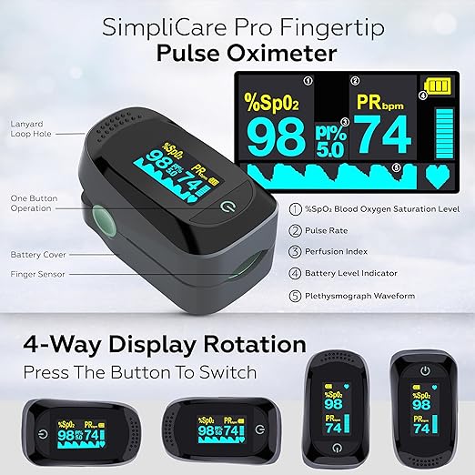 Fingertip Pulse Oximeter Blood Oxygen Monitor SpO₂, Pulse Ox & Heart Rate Monitor, Oxygen Meter with Perfusion Index (PI) & Plethysmograph Waveform, OLED Display, Case & Batteries (C101A2)