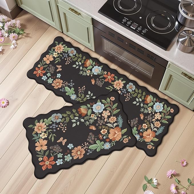 Collive Kitchen Mats for Floor 2PCS, Scalloped Cushioned Anti Fatigue Mat Non Slip Waterproof Kitchens Sink Rug, Vintage Boho Floral Rugs Comfort Standing Mat for Laundry, Desk, Bar, Office, Black