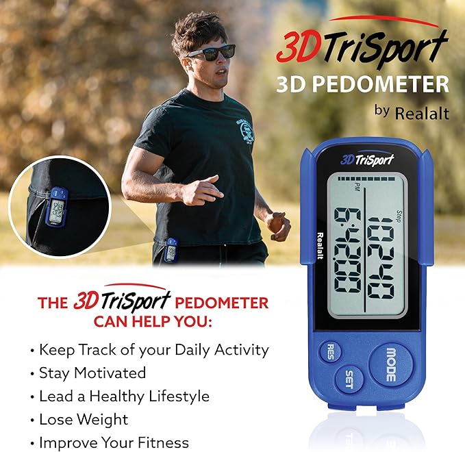 Realalt 3DTriSport 3D Walking Pedometer with Clip & Strap, Accurate Step Counter with 30-Day Memory, Distance in Miles/KM with Large Display Perfect for Seniors & Beginners, eBook Included