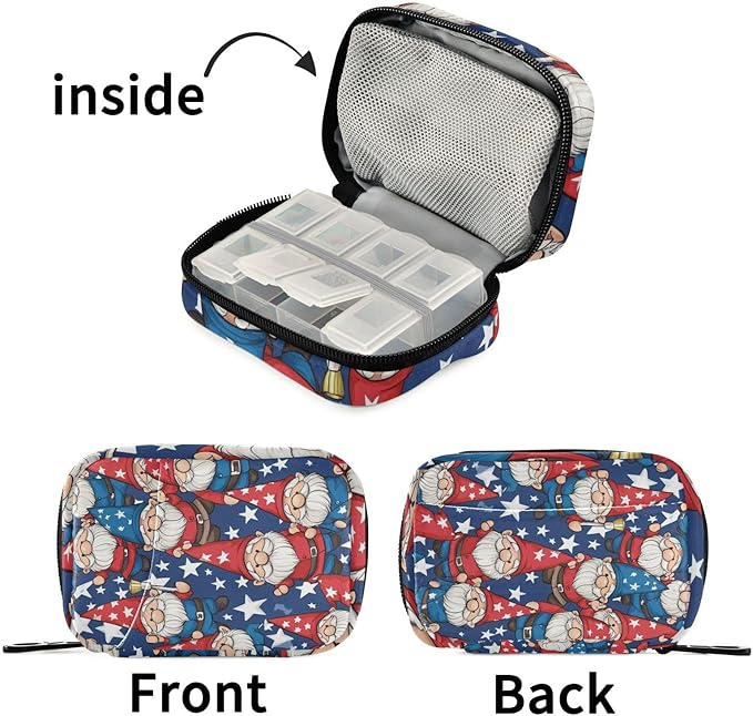 Patriotic Gnomes Stars Blue Travel Pill Organizer Weekly Small (Cute) Pill Box 7 Day Pill Case Vitamin Holder Pill Bottle Organizer