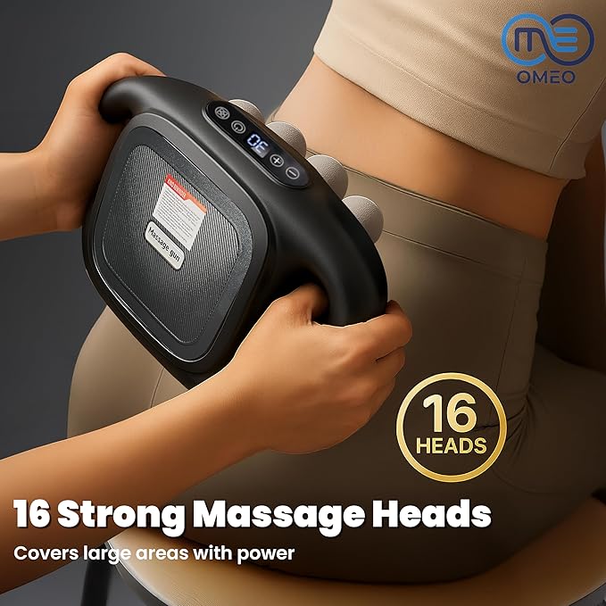 OMEO 16-Head Deep Tissue Massage Gun – Professional Percussion Massager with 30 Intensities & Quiet Motor | Portable Muscle Massager for Pain Relief, Neck, Back, Shoulders & Legs (Black)