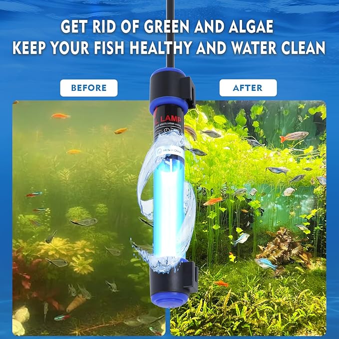 7W UVC Aquarium Light for Fish Tank and Pond – Quartz Tube Waterproof UV Lamp, Water Clarifier for Clearer Water