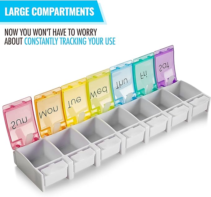 7 Day Pill Organizer - with Push Button Assisted Open a Daily Travel Pill Box Case Planner and Large Compartments for Medication Vitamins Fish Oil & Supplements, BPA Free