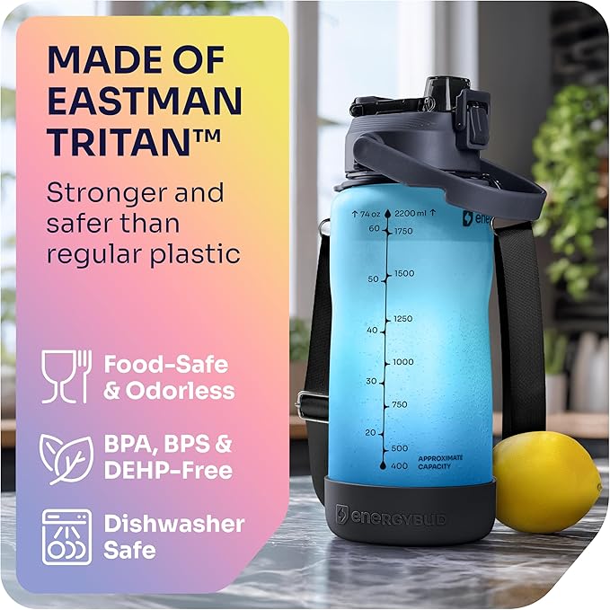 1/2 Gallon Water Bottle with 74.3 oz Capacity - Motivational Time Markers for Daily Hydration Goals - Leakproof BPA Free Tritan with Removable Straw