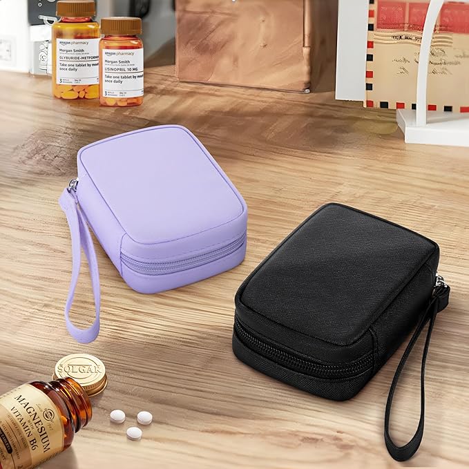 Zannaki Cute Pill Organizer for Purse with Two Removable 7-Day Pill Box, Travel PU Leather Pill Case, Portable Weekly Pill Container with Storage Bag to Hold Vitamins, Fish Oils, Supplements (Purple)