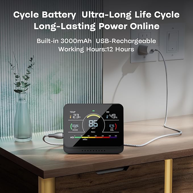 13 in 1 Portable Air Quality Monitor Indoor for Home, Car and Office Air Quality Tester for 6AQI,HCHO, PM2.5, PM1.0, PM10, CO2 Detector Air Quality Meter with Temperature, Humidity (Black)
