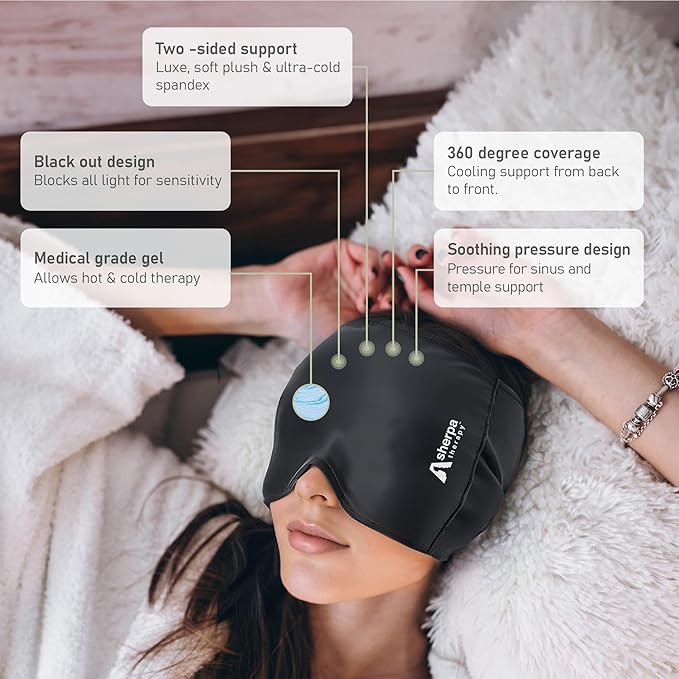 Migraine Relief Cap, Soothing Headache Relief Cap, Sinus Relief Migraine Mask, Cooling Gel Hat, Face Cold Compress Head Wrap for Tension, Stress & Hangover