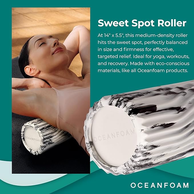 Oceanfoam Sweet Spot Medium Exercise Foam Roller 14"x5.5" – Medium Density Travel Foam Roller for Physical Therapy, Deep Tissue Massage, Yoga, Pilates, Classic Exclusive Wave Texture (Black Marbled)